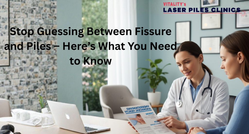 A doctor consulting a patient about piles and fissures at a clinic, with a focus on the pamphlet the doctor is showing.