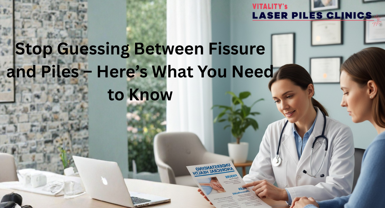 A doctor consulting a patient about piles and fissures at a clinic, with a focus on the pamphlet the doctor is showing.